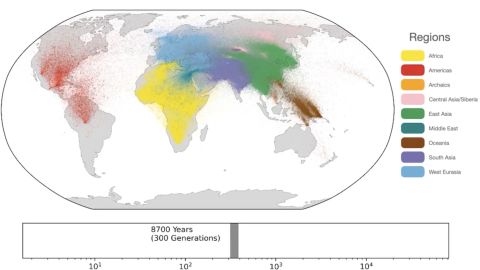 Una foto fija de un video publicado por los autores del estudio muestra las ubicaciones geográficas estimadas de los antepasados ​​humanos.