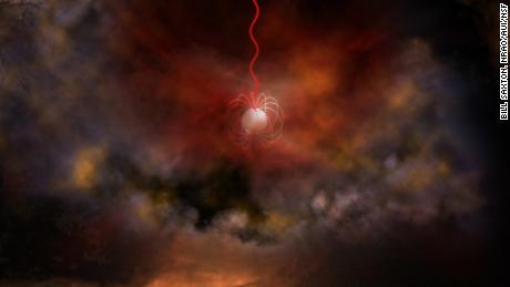 Este es el concepto artístico de una estrella de neutrones con un campo magnético ultrafuerte, llamado magnetar, que emite ondas de radio (en rojo). 