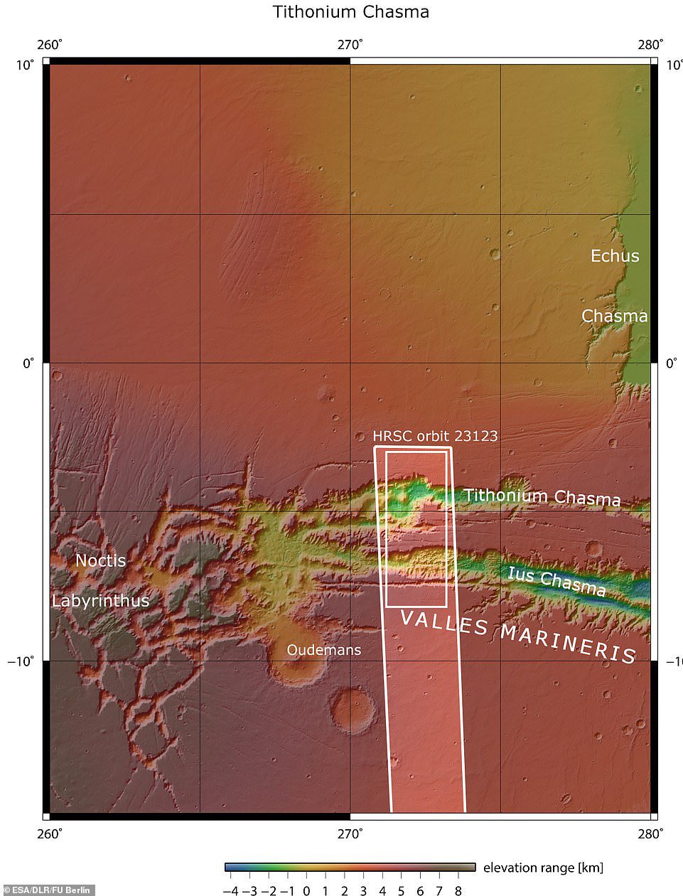 Lus y Tithonium Chasmata se ven arriba.  El área delineada en el cuadro blanco oscuro indica el área fotografiada por la cámara estéreo de alta resolución Mars Express el 21 de abril de 2022 durante la órbita.