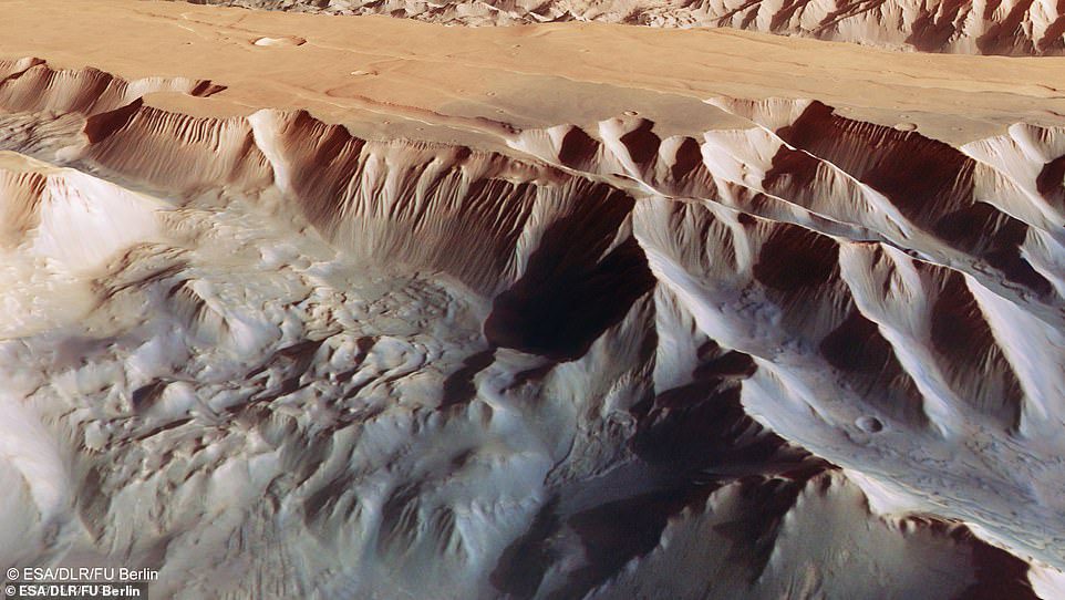 Esta vista en perspectiva sesgada de Tithonium Chasma (en la foto de arriba), que forma parte de la estructura del valle Valles Marineris de Marte, se creó a partir del modelo de terreno digital, los canales analógicos y de color de la cámara estéreo de alta resolución en el Mars Express de la Agencia Espacial Europea. .