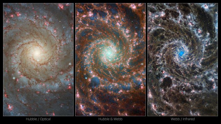 A la izquierda, una vista desde el Telescopio Espacial Hubble de la galaxia.  A la derecha, la imagen del telescopio espacial James Webb es sorprendentemente diferente.  La foto fusionada del centro combina estos dos para una mirada realmente única a este 