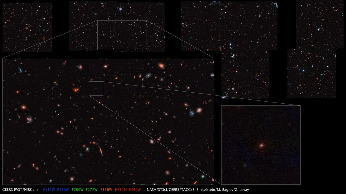 El fondo oscuro del espacio muestra diferentes ángulos de la galaxia Maisie.  La copia más cercana de la imagen está en la parte inferior izquierda, que representa un punto de luz rojizo.