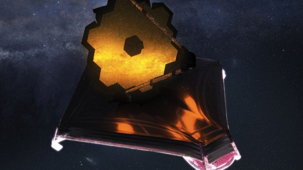 An illustration of NASA’s James Webb Space Telescope fully unfolded in space.