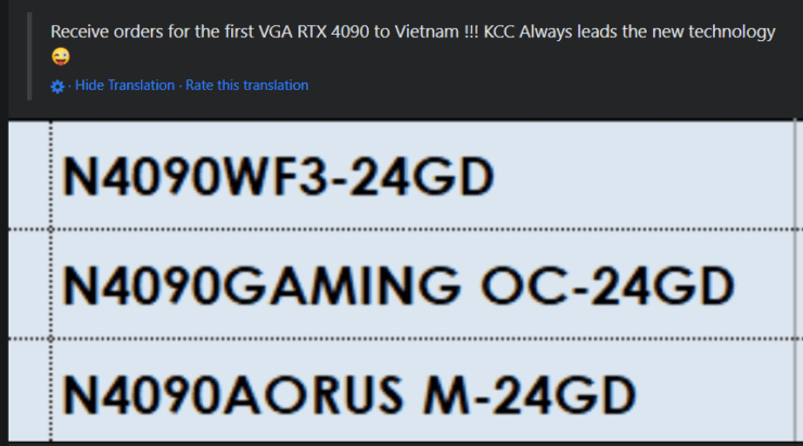 Los modelos personalizados GeForce RTX 4090 de Gigabyte están listados por el minorista vietnamita.  (Créditos de la imagen: I_Leak_VN)