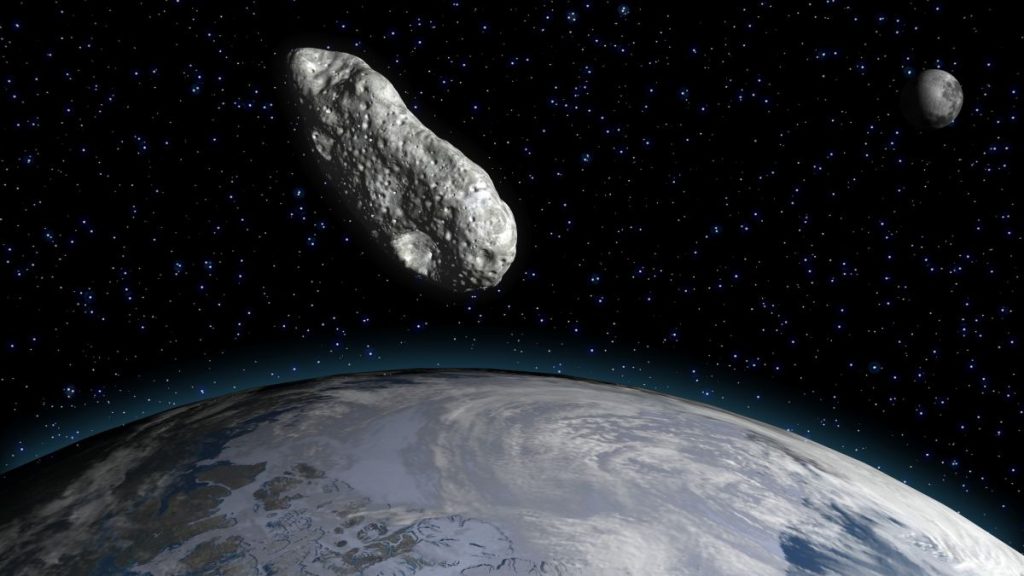 a rock against a space background with Earth and moon in background