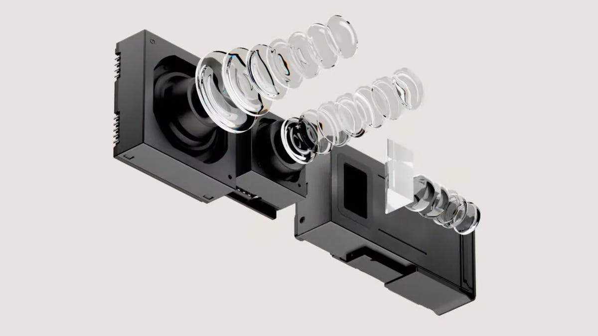 La ilustración muestra las tres cámaras del Pixel 7 Pro y una vista detonada de sus lentes.