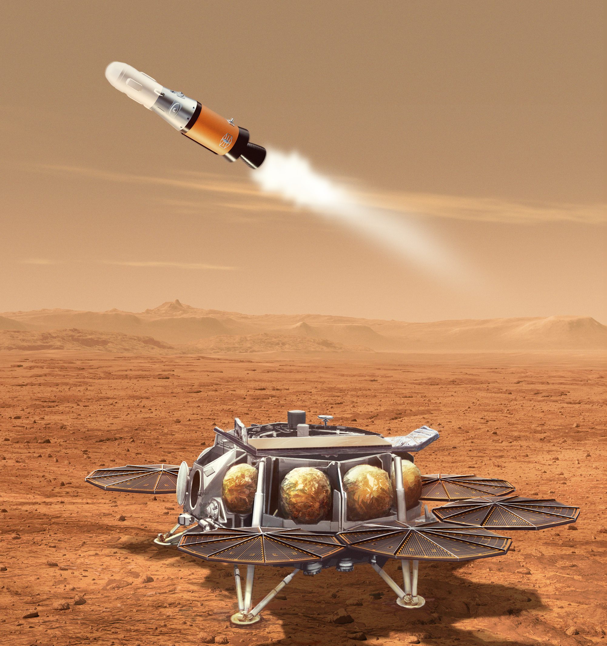 Ilustración que representa un concepto de la sonda de recuperación de muestras de la NASA.  Diseñado para aterrizajes de precisión, este pesado módulo de aterrizaje transportará el Mars Ascent Vehicle y dos pequeños helicópteros.