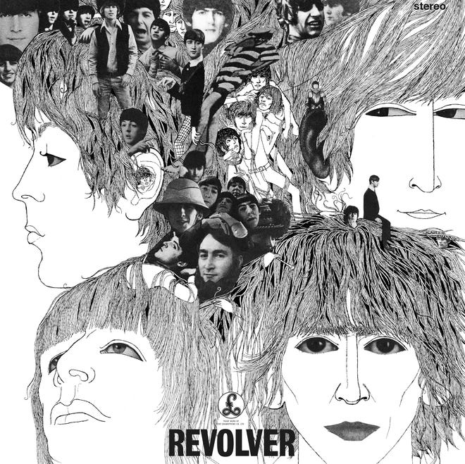 foto de portada del álbum de los Beatles de 1966, "pistola," Diseñado por Klaus Fuhrmann.