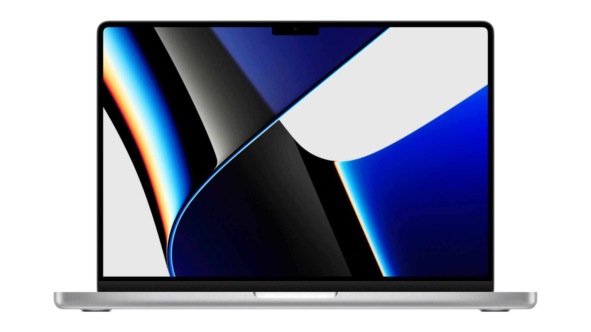 MacBook Pro de 14 pulgadas (2021) sobre un fondo blanco, que muestra un fondo de escritorio azul abstracto