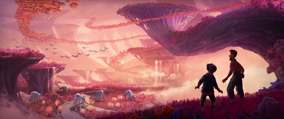 En una escena de Strange World, una gran vista, donde todo es naranja, rosa y rojo;  Dos siluetas de figuras miran fijamente a un punto de vista, que está lleno de estructuras parecidas a acantilados y extrañas criaturas parecidas a dinosaurios.