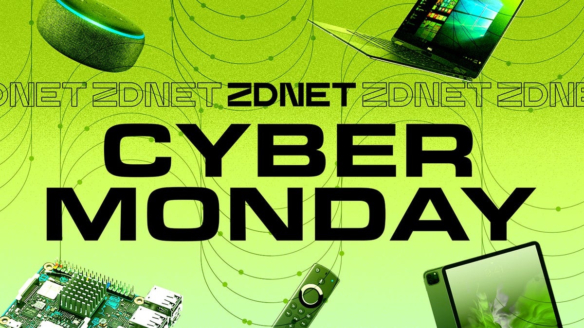 Gran texto blanco de Cyber ​​​​Monday con dispositivos electrónicos detrás