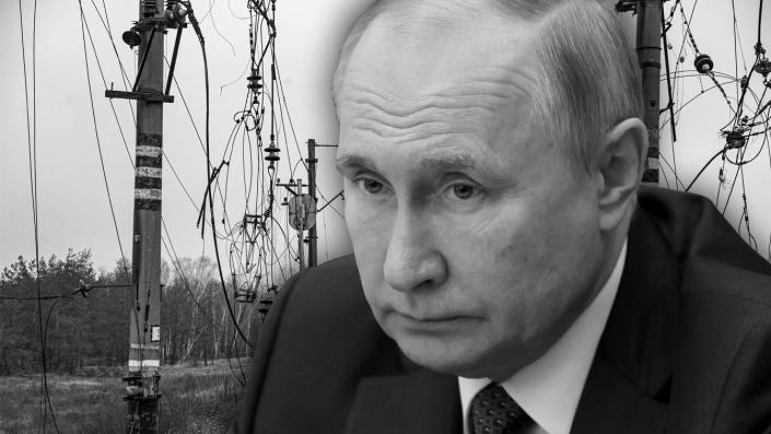 El presidente ruso, Vladimir Putin, dañó las líneas eléctricas en Ucrania.  (Ilustración de la foto: Yahoo News; Imágenes: Mikhail Metzel, Sputnik y Kremlin Pool Photo vía AP, Metin Aktas/Anadolu Agency vía Getty Images)